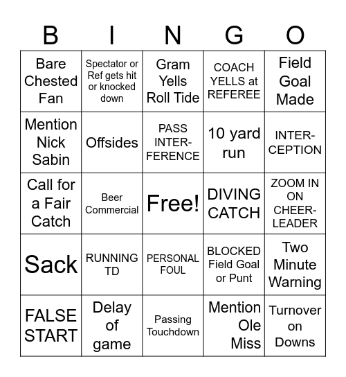 FOOTBALL GAME Bingo Card