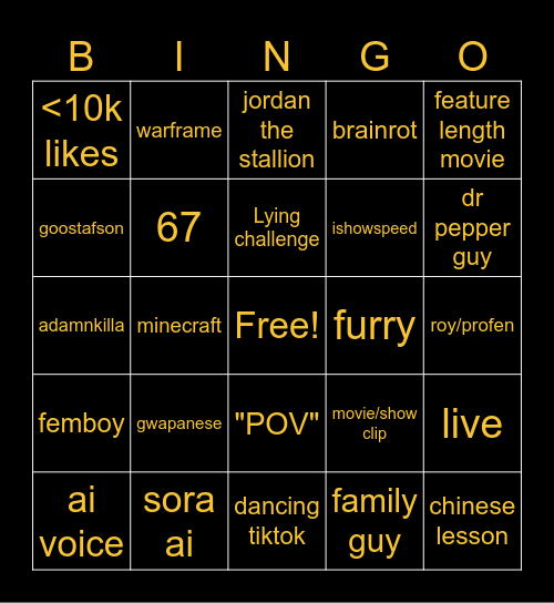 Myz's Tiktok Bingo Card