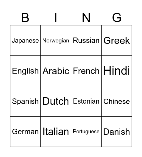 Languages Bingo Card