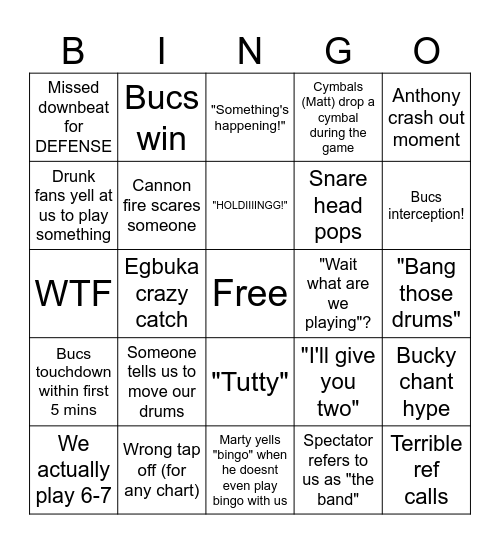 Bucs vs Cardinals 11/30/25 Bingo Card