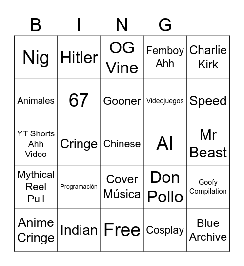 Goofy Ahh Bingo Card
