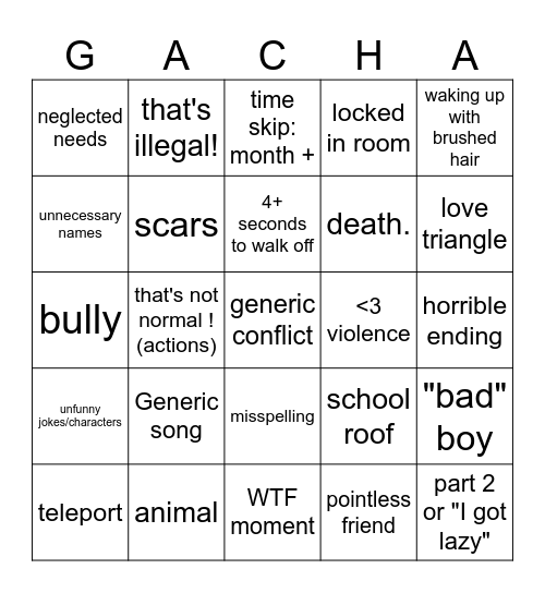 gacha life Bingo Card