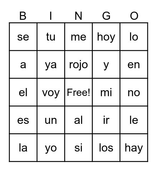 PK Bingo en Español Bingo Card