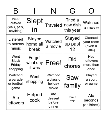 #ThanksgivingBreak Bingo Card