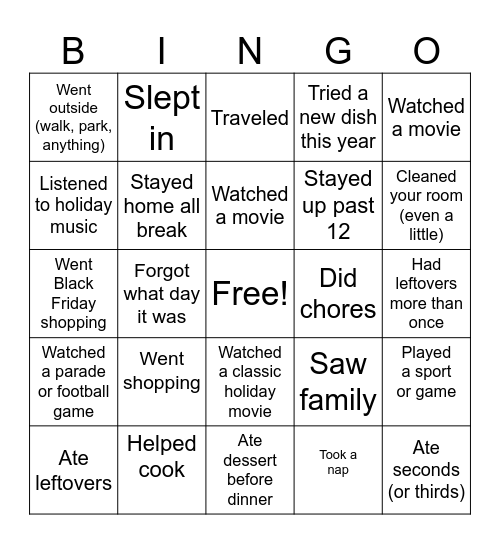 #ThanksgivingBreak Bingo Card