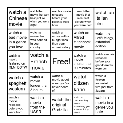 Time to watch movies Bingo Card