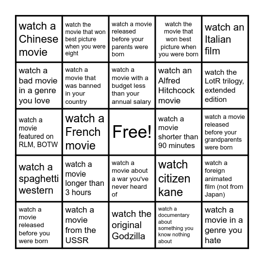 Time to watch movies Bingo Card
