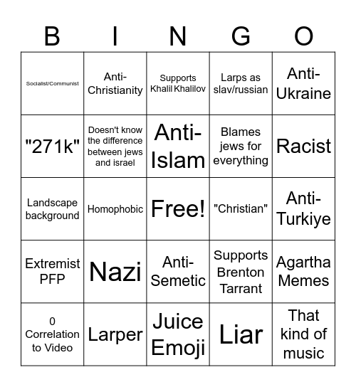 Tiktok Extremist Bingo Card