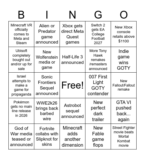 2026 Gaming Bingo Card
