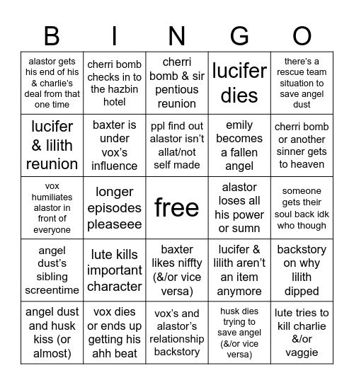 my hazbin s2 bingo Card