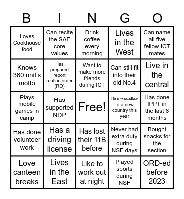 Get to know your unit Bingo Card