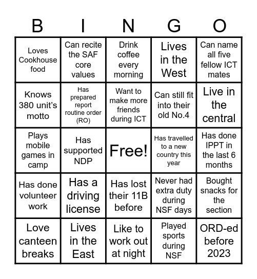 Get to know your unit Bingo Card