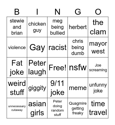 Family guy Bingo Card