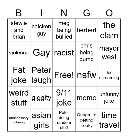 Family guy Bingo Card