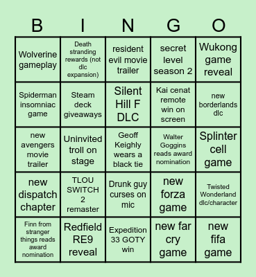 The Game Awards Bingo Card