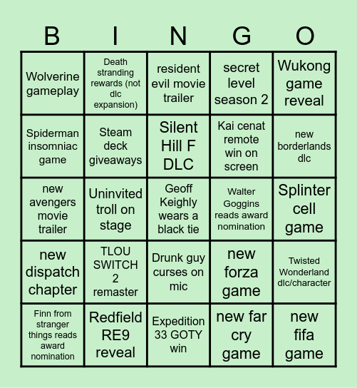 The Game Awards Bingo Card