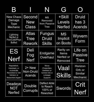 Last of the Druids Bingo Card