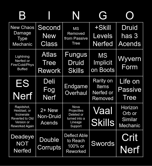 Last of the Druids Bingo Card