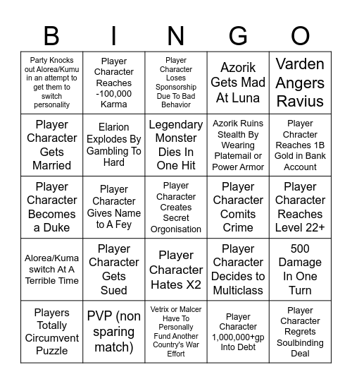 Darth's Bingo Card
