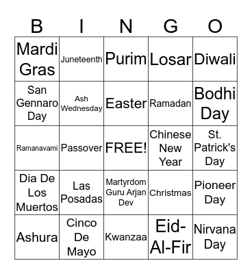 Cultural Holiday Bingo Card