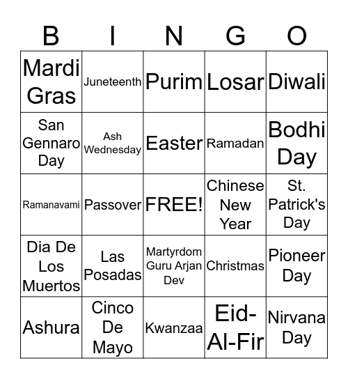 Cultural Holiday Bingo Card