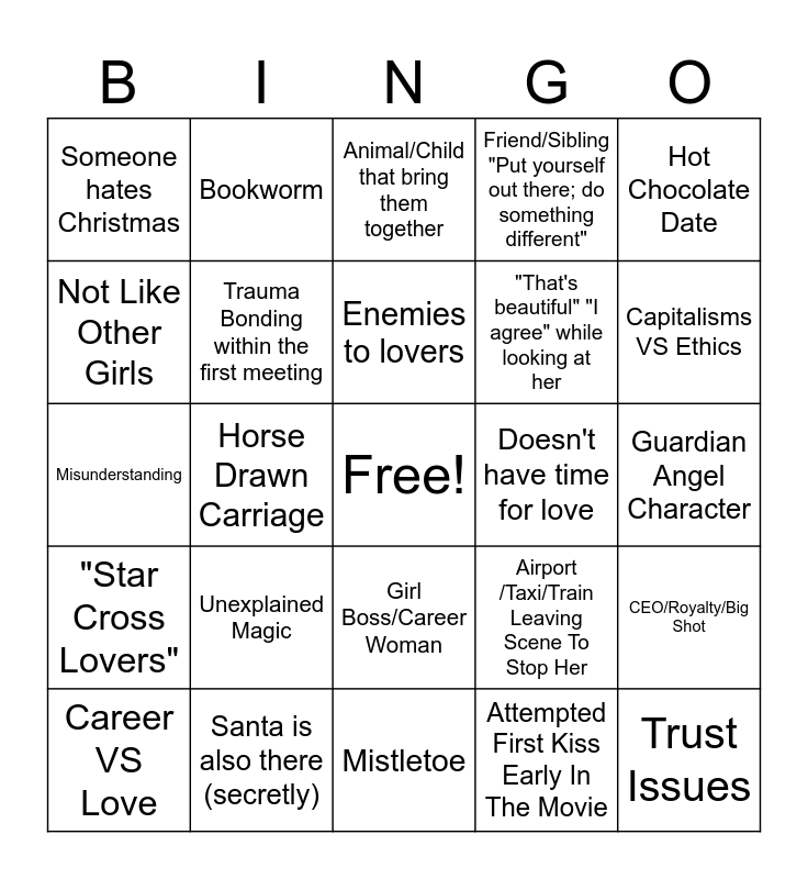 Christmas Rom-Com Cliches Bingo Card
