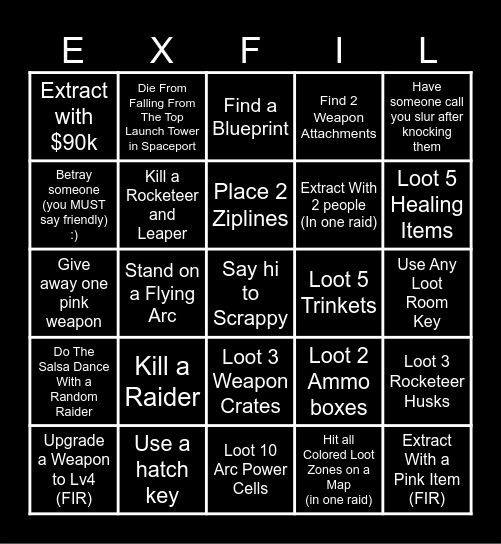 Arc Raider Bingo Card