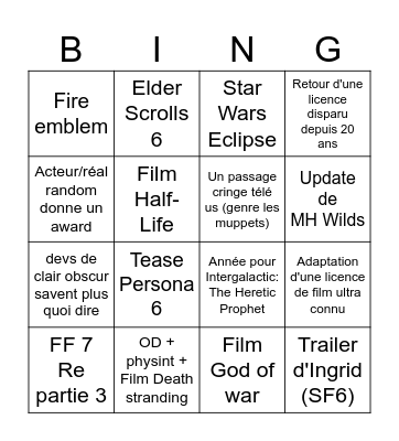 Game Awards Bingo Card