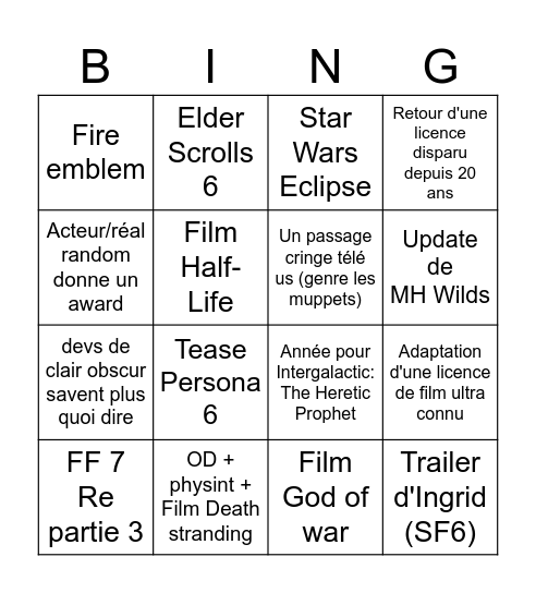 Game Awards Bingo Card