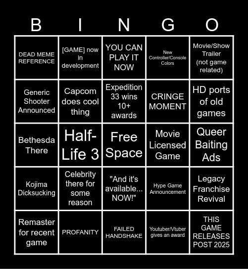 Game Awards 2025 Bingo Card