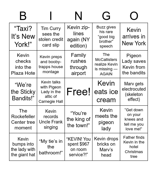 Home Alone 2 Bingo Card