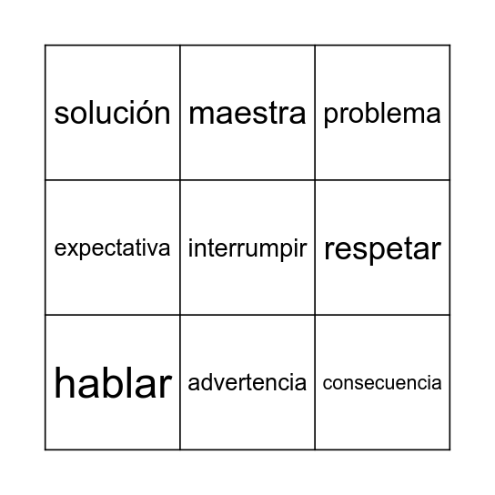Vocabulario de comportamiento y disciplina Bingo Card