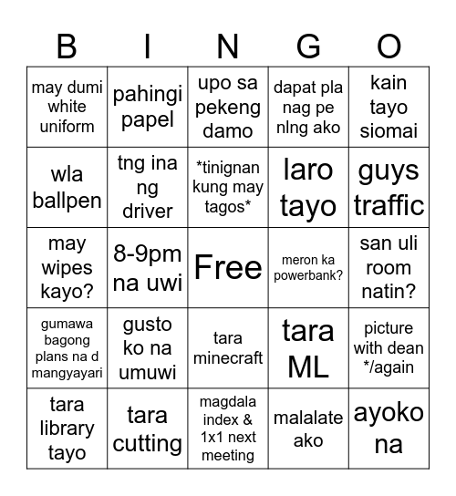 1st day 2nd sem Bingo Card
