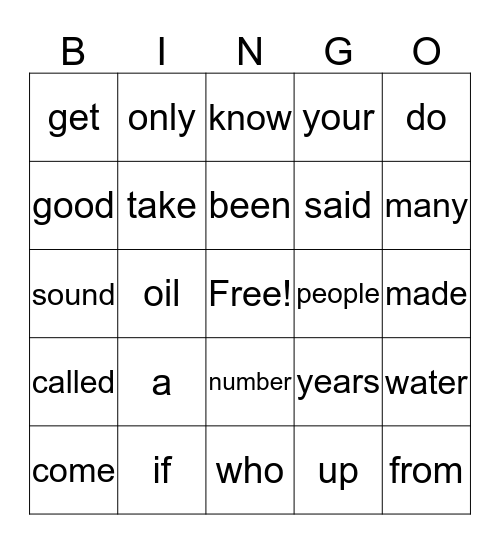 High Frequency Words Bingo Card