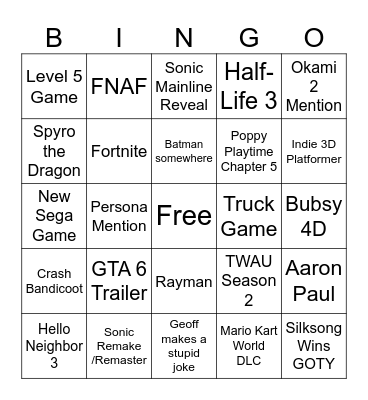 Game Awards 2025 Bingo Card