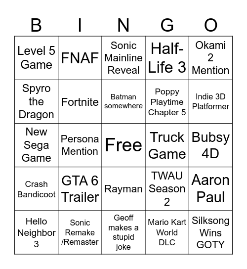 Game Awards 2025 Bingo Card