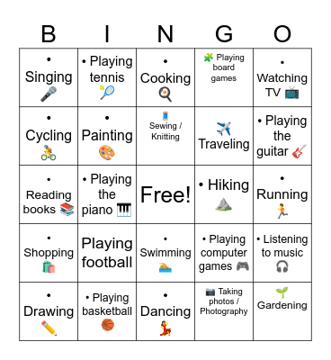 Unit 2- Leisure and Free-time Activities Bingo Card