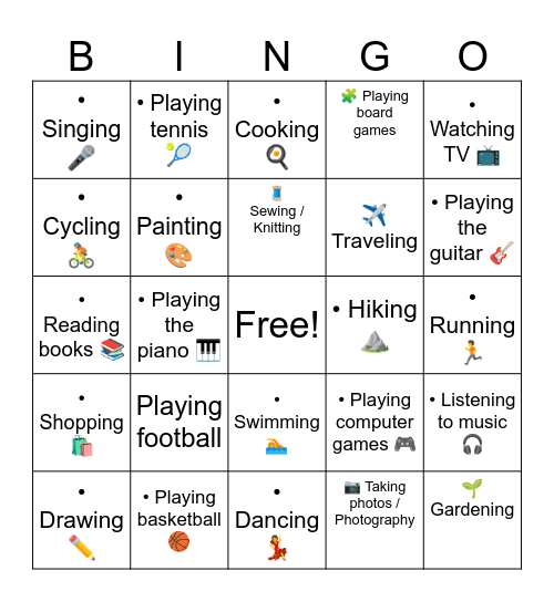 Unit 2- Leisure and Free-time Activities Bingo Card