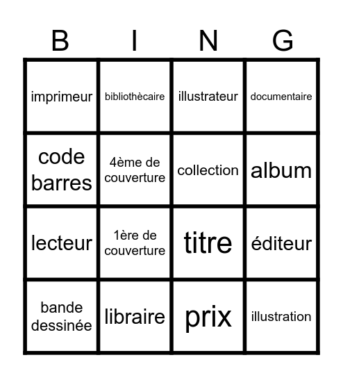 Vocabulaire lié au livre Bingo Card