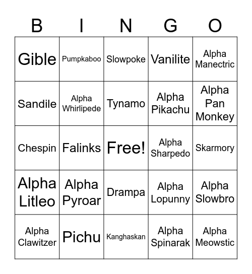 Shiny Bingo Card