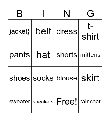 CLOTHES Bingo Card