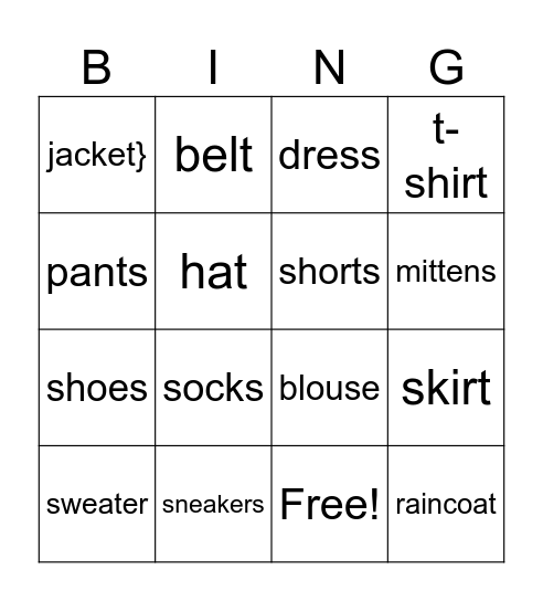 CLOTHES Bingo Card