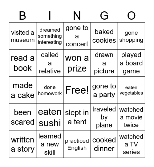 Present perfect Bingo Card