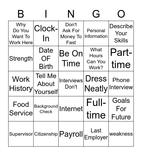 EMPLOY Bingo Card