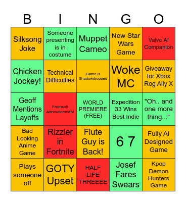 Game Awards Bingo Card