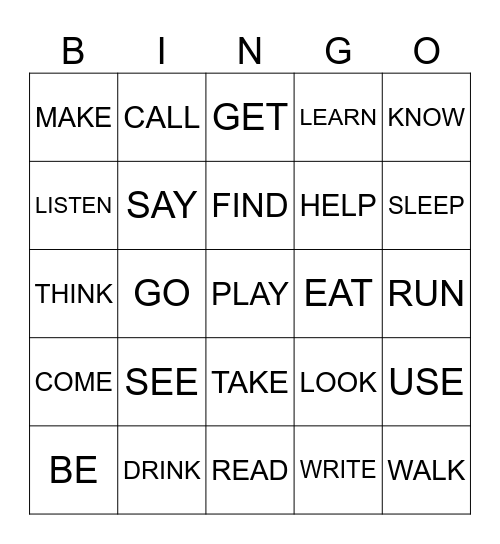 Verbs Bingo Card