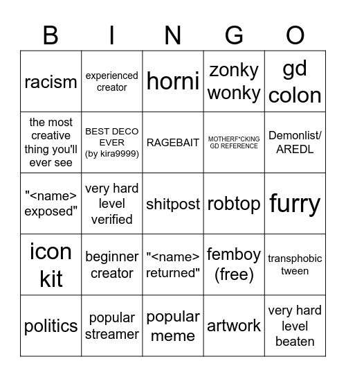 Geometry Dash Twitter bingo Card