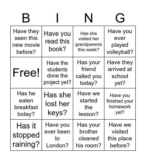 Present Perfect Bingo Card