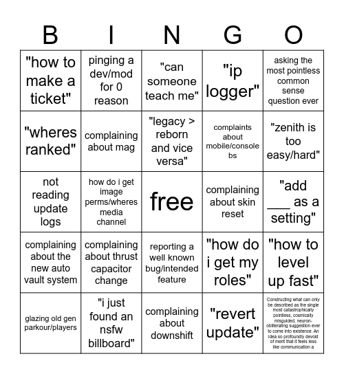 parkour general chat Bingo Card