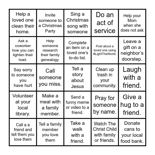 Light the World Bingo Card